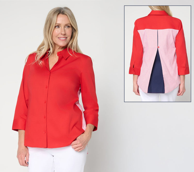 Joan Rivers Peek-A-Boo Stripe or Solid Button Front Shirt — View 5