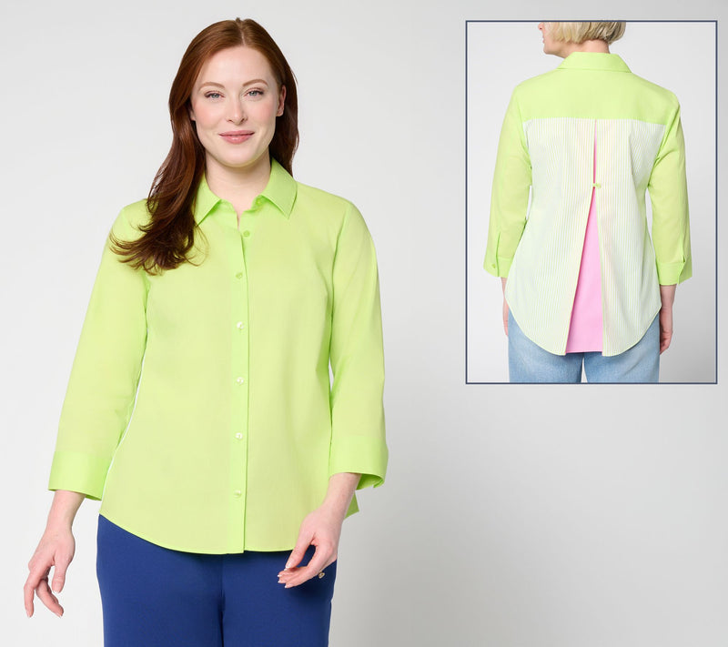 Joan Rivers Peek-A-Boo Stripe or Solid Button Front Shirt — View 9