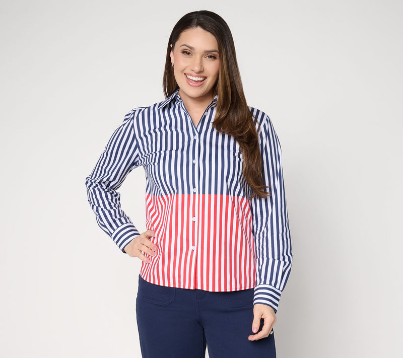 Joan Rivers Split Stripe Classic Fit Button Front Shirt — View 11