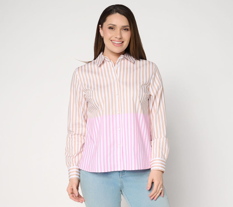 Joan Rivers Split Stripe Classic Fit Button Front Shirt — View 13