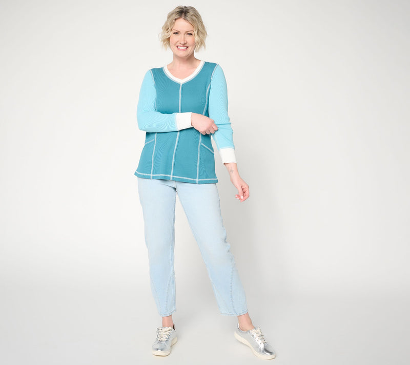 LOGO by Lori Goldstein Color Block V-Neck Ribbed Top — View 5