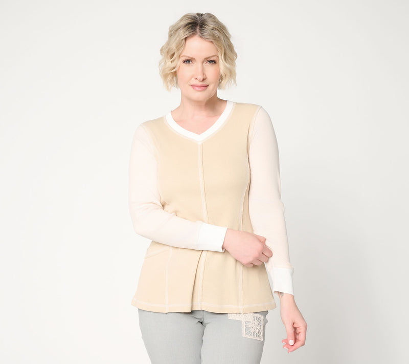 LOGO by Lori Goldstein Color Block V-Neck Ribbed Top — View 11