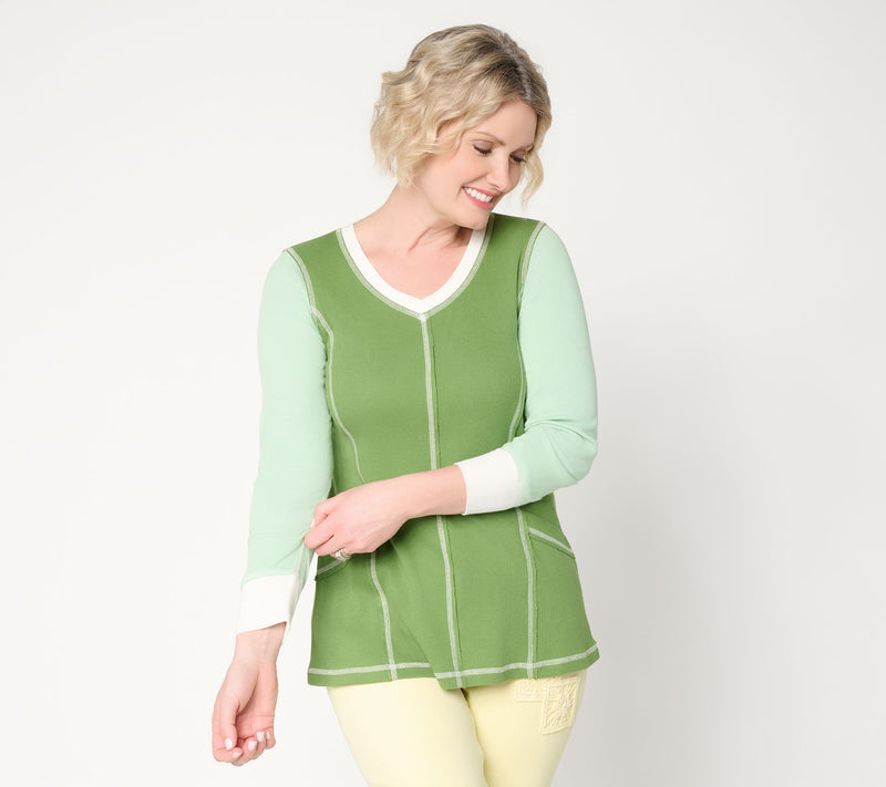 LOGO by Lori Goldstein Color Block V-Neck Ribbed Top — View 12