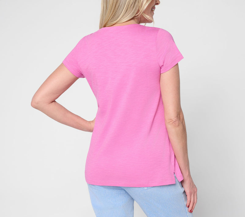 Belle Beach by Kim Gravel Slub Knit Stay Palm & Carry On Short Slv Top — View 4