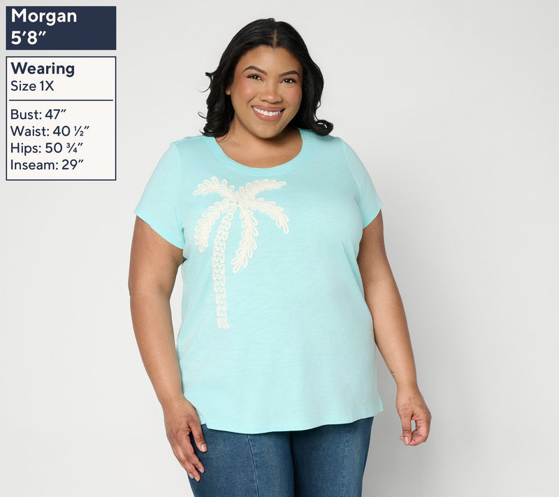 Belle Beach by Kim Gravel Slub Knit Stay Palm & Carry On Short Slv Top — View 2