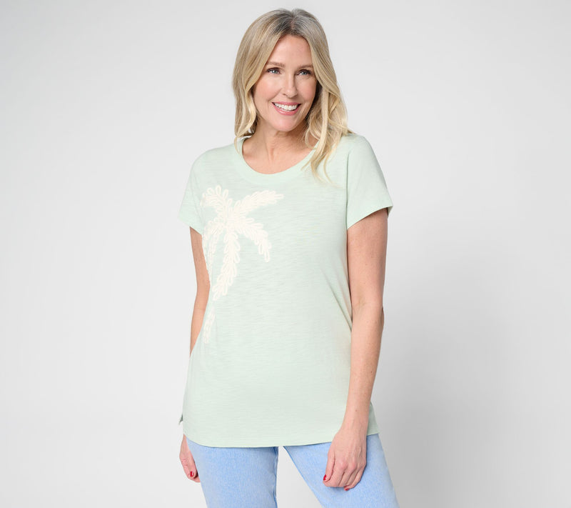 Belle Beach by Kim Gravel Slub Knit Stay Palm & Carry On Short Slv Top — View 14