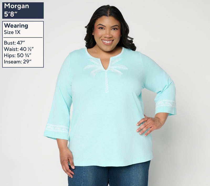 Belle Beach by Kim Gravel Slub Knit Palm Embroidered Split Neck Top — View 2