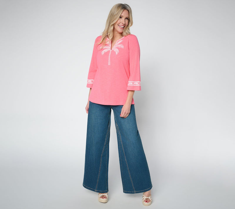 Belle Beach by Kim Gravel Slub Knit Palm Embroidered Split Neck Top — View 5