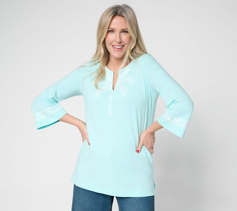 Belle Beach by Kim Gravel Slub Knit Palm Embroidered Split Neck Top — View 13