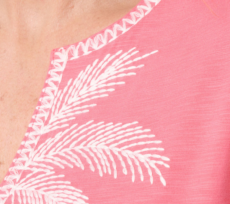 Belle Beach by Kim Gravel Slub Knit Palm Embroidered Split Neck Top — View 6