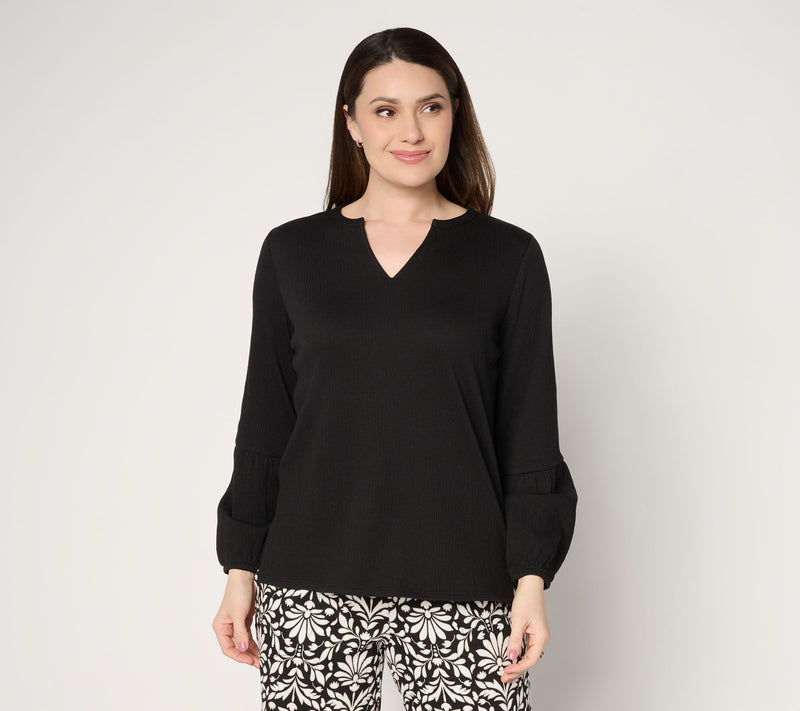 Belle by Kim Gravel Packabelle Blouson Sleeve Split Neck Top — View 11
