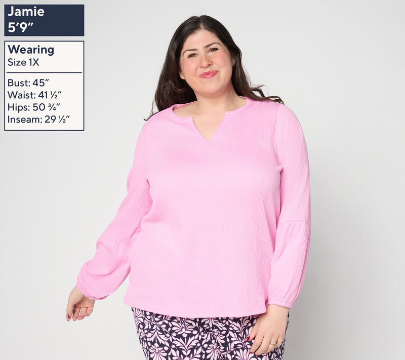 Belle by Kim Gravel Packabelle Blouson Sleeve Split Neck Top — View 2