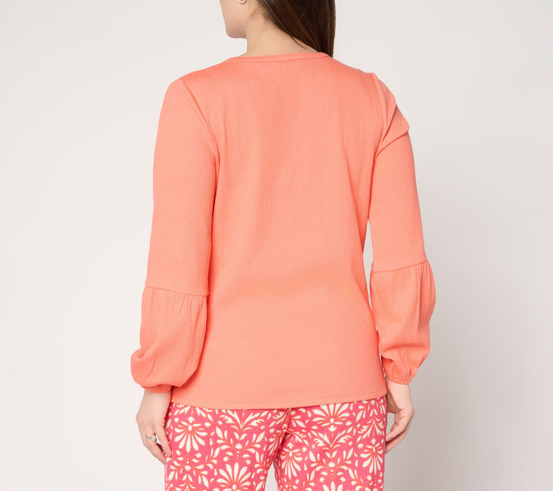 Belle by Kim Gravel Packabelle Blouson Sleeve Split Neck Top — View 4