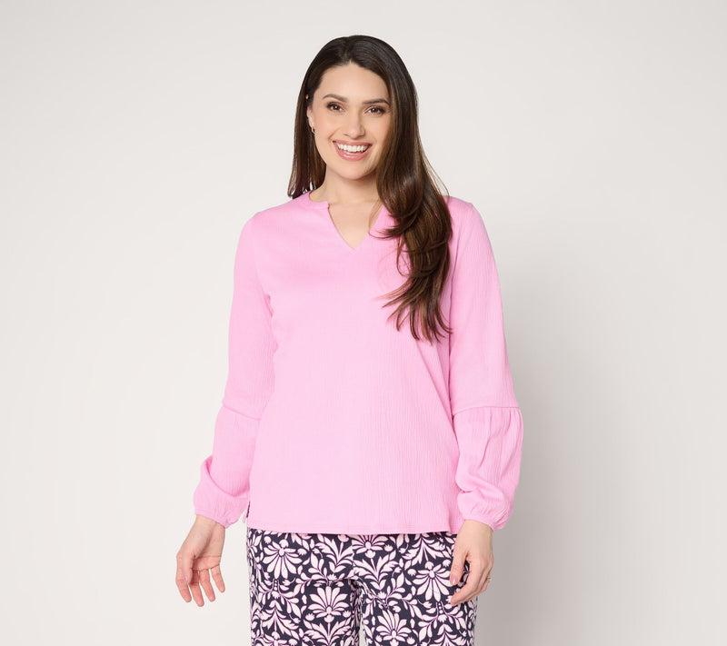 Belle by Kim Gravel Packabelle Blouson Sleeve Split Neck Top — View 14