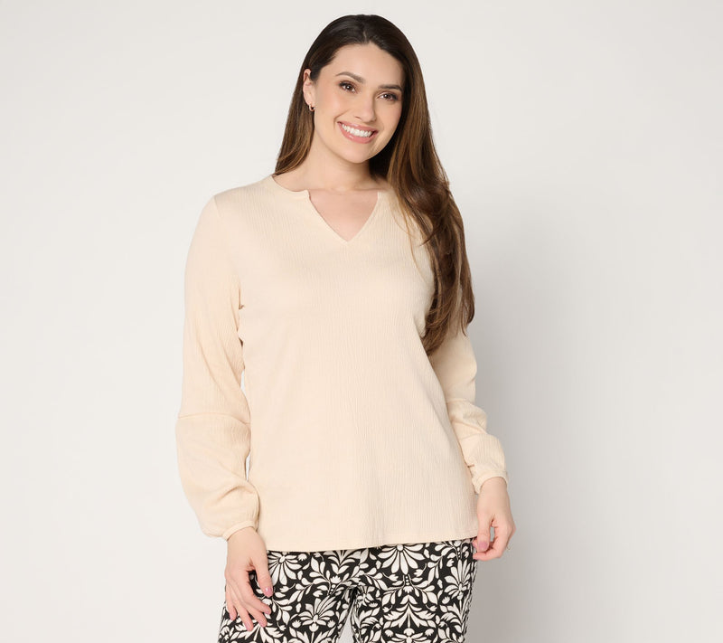 Belle by Kim Gravel Packabelle Blouson Sleeve Split Neck Top — View 15