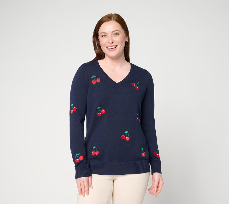 Belle by Kim Gravel Sunshine Stitches Embroidered V Neck Sweater — Main view