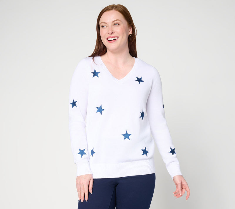 Belle by Kim Gravel Sunshine Stitches Embroidered V Neck Sweater — View 7