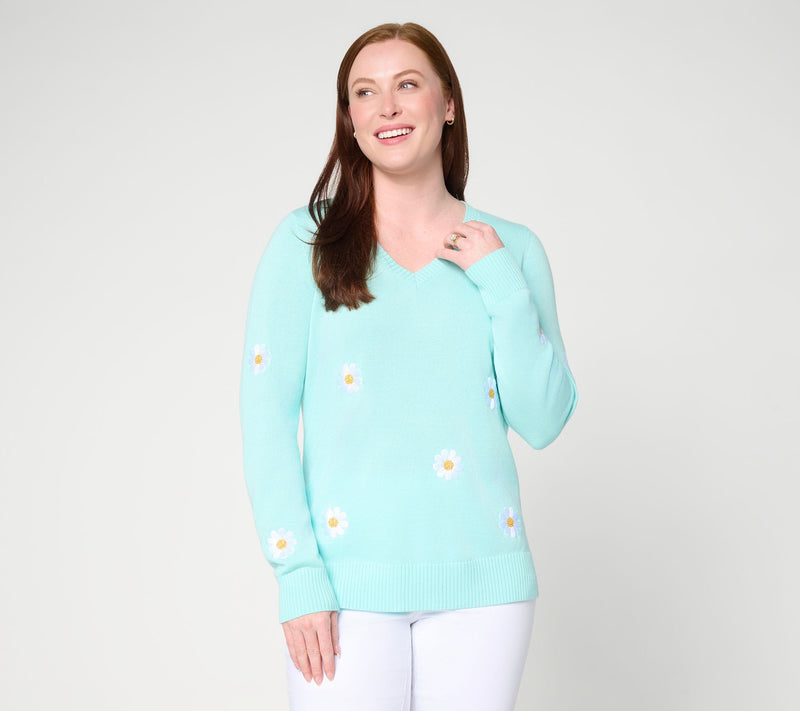 Belle by Kim Gravel Sunshine Stitches Embroidered V Neck Sweater — View 5