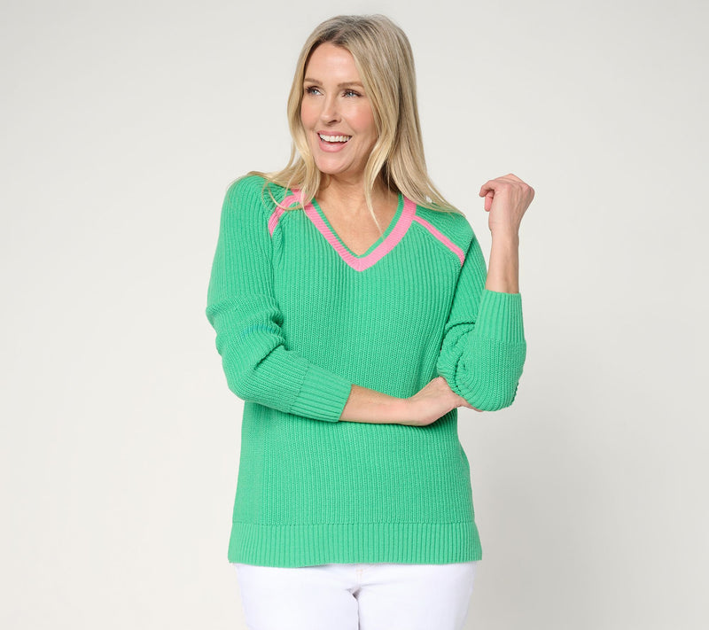 Belle by Kim Gravel Country Club Shaker Knit V Neck Sweater — Main view