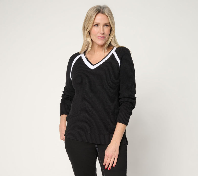 Belle by Kim Gravel Country Club Shaker Knit V Neck Sweater — View 12