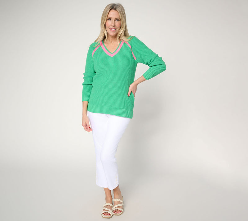 Belle by Kim Gravel Country Club Shaker Knit V Neck Sweater — View 5