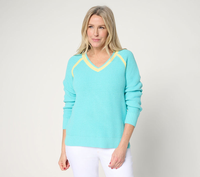 Belle by Kim Gravel Country Club Shaker Knit V Neck Sweater — View 13