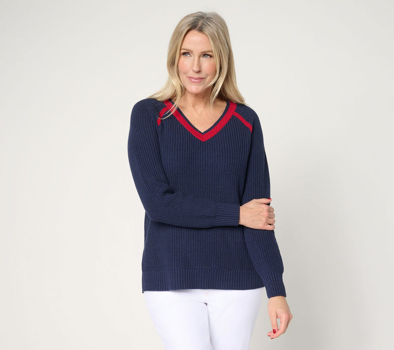 Belle by Kim Gravel Country Club Shaker Knit V Neck Sweater — View 14