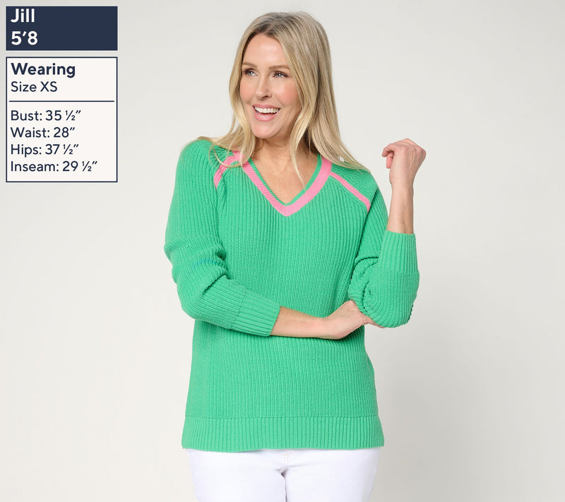 Belle by Kim Gravel Country Club Shaker Knit V Neck Sweater — View 3
