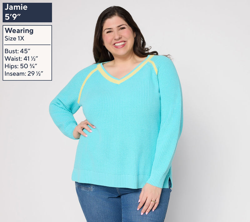 Belle by Kim Gravel Country Club Shaker Knit V Neck Sweater — View 2