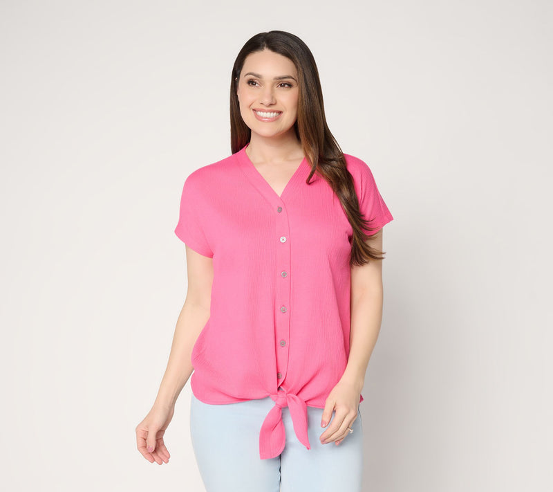 Belle by Kim Gravel Packabelle Button Trim Tie Front Top — View 16
