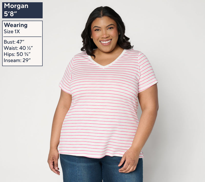 Belle by Kim Gravel Slub Knit Striped V Neck Top — View 2