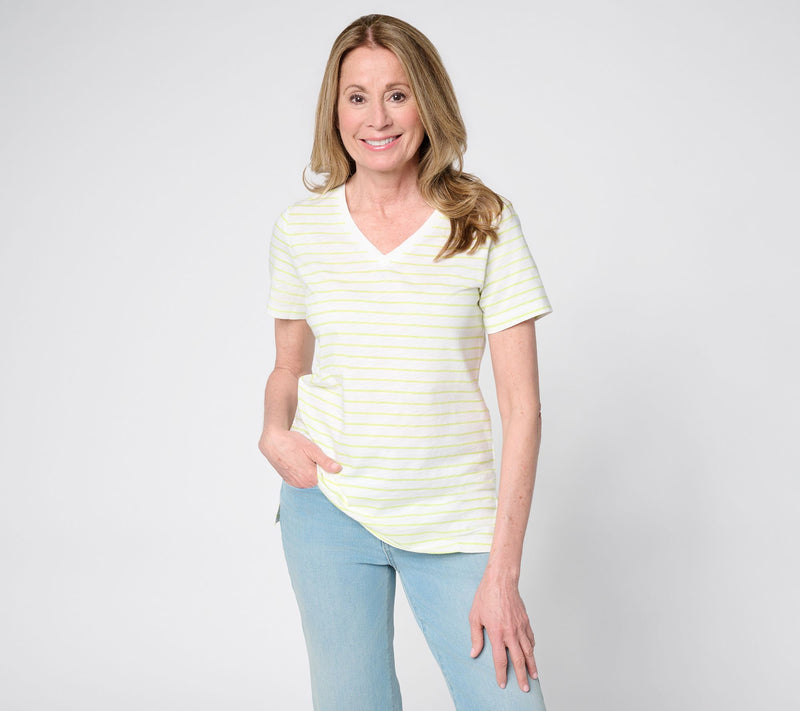 Belle by Kim Gravel Slub Knit Striped V Neck Top — View 13