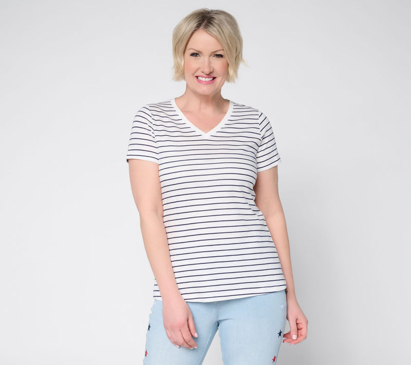 Belle by Kim Gravel Slub Knit Striped V Neck Top — View 14
