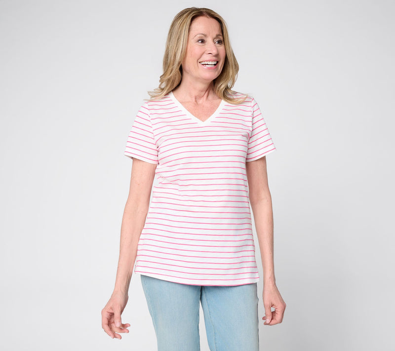 Belle by Kim Gravel Slub Knit Striped V Neck Top — View 17