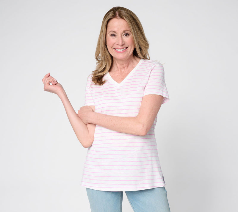 Belle by Kim Gravel Slub Knit Striped V Neck Top — View 18