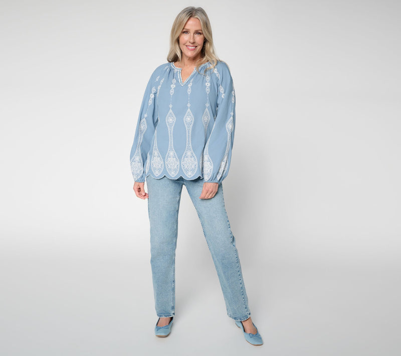 LOGO Lavish by Lori Goldstein Mixed Media Embroidered Top — View 11