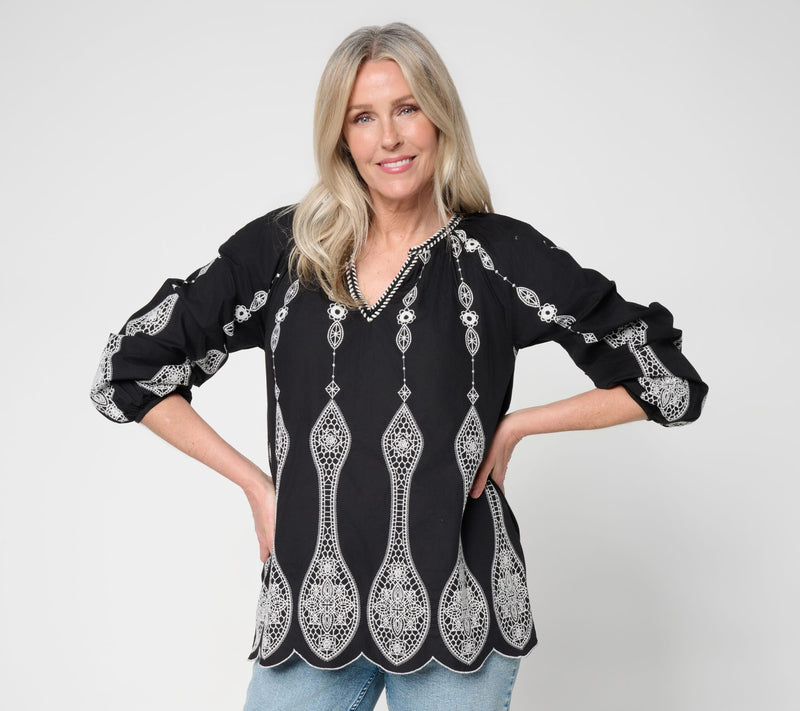 LOGO Lavish by Lori Goldstein Mixed Media Embroidered Top — Main view
