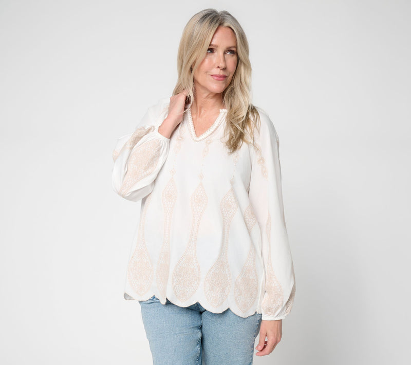 LOGO Lavish by Lori Goldstein Mixed Media Embroidered Top — View 5