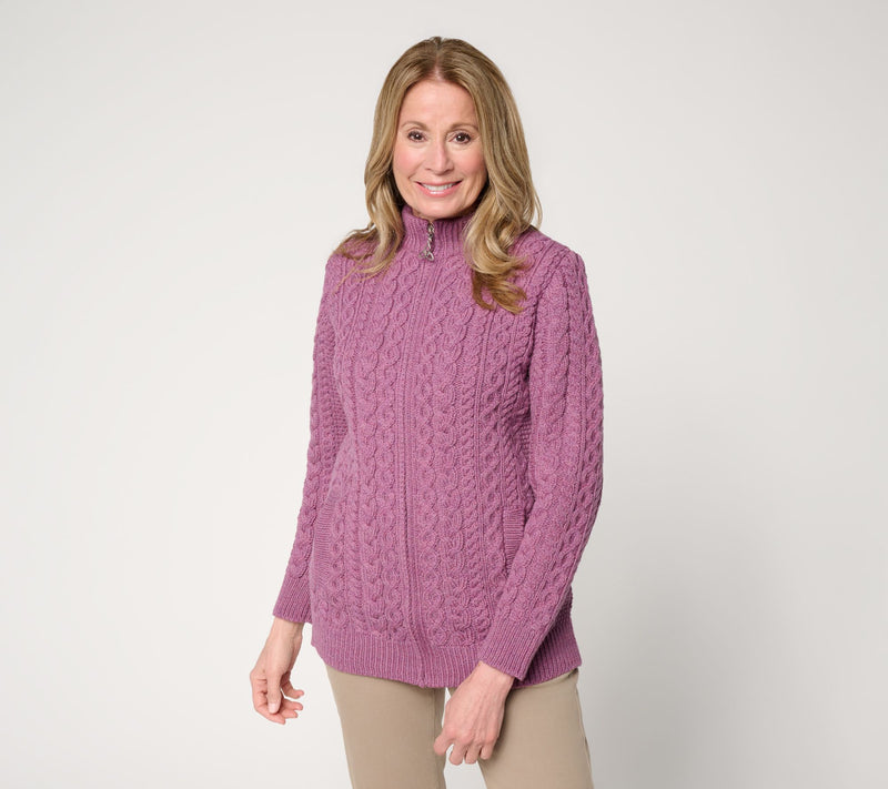 Aran Crafts Merino Wool Zip Front Cardigan — Main view