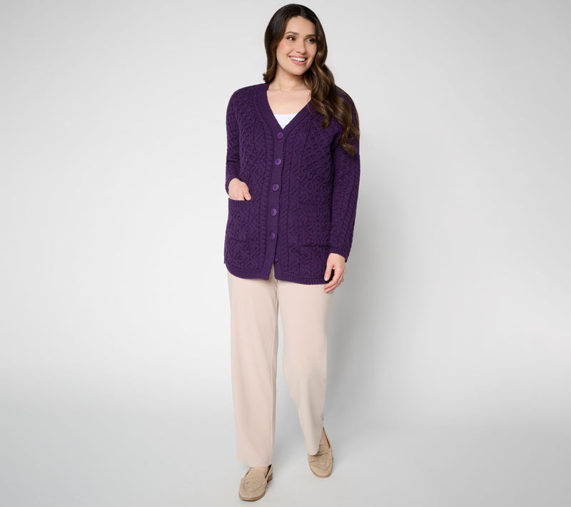 Aran Crafts Merino Wool V-Neck Button Front Cardigan — View 10