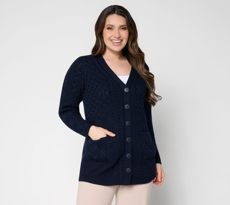 Aran Crafts Merino Wool V-Neck Button Front Cardigan — View 5