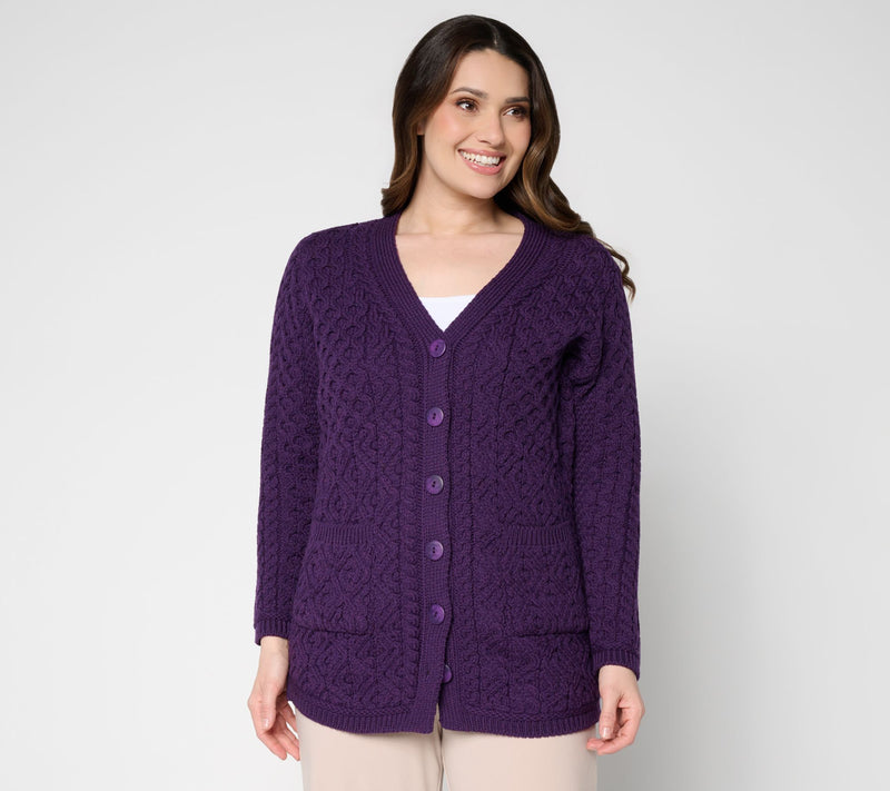 Aran Crafts Merino Wool V-Neck Button Front Cardigan — Main view