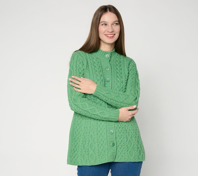 Aran Crafts Merino Wool Peplum Button Front Cardigan — Main view