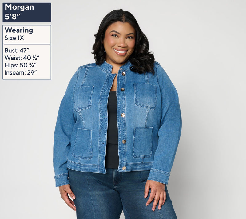 Susan Graver Stretch Denim Jacket with Novelty Buttons — View 8