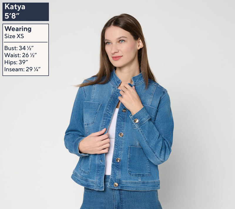 Susan Graver Stretch Denim Jacket with Novelty Buttons — View 9