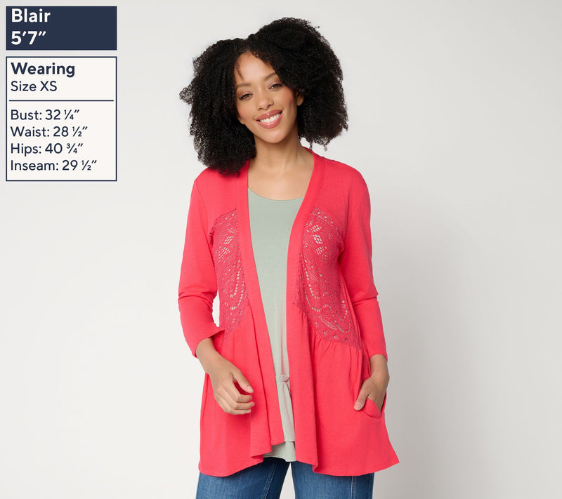 LOGO by Lori Goldstein Mixed Media Cotton and Lace Cardigan — View 13