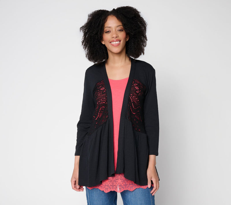 LOGO by Lori Goldstein Mixed Media Cotton and Lace Cardigan — View 3