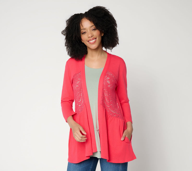 LOGO by Lori Goldstein Mixed Media Cotton and Lace Cardigan — Main view