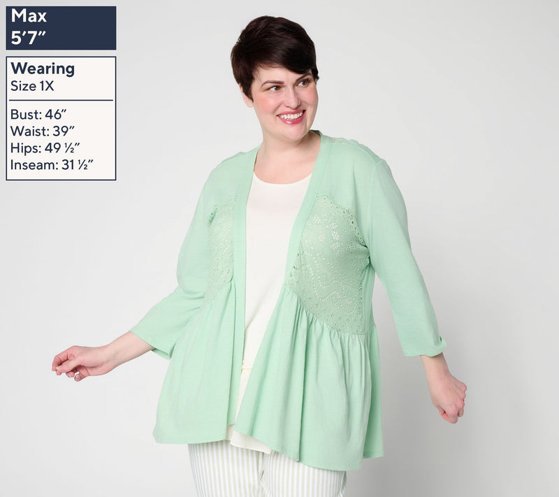 LOGO by Lori Goldstein Mixed Media Cotton and Lace Cardigan — View 12