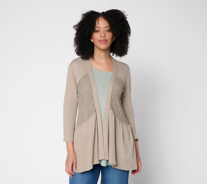LOGO by Lori Goldstein Mixed Media Cotton and Lace Cardigan — View 5
